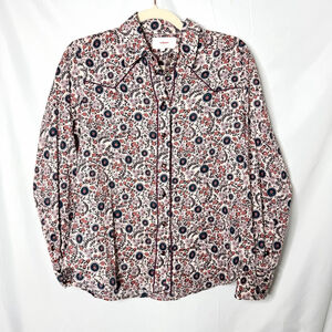 Xirena Floral Snap Button Down Shirt XS Beige Pink Navy Blue